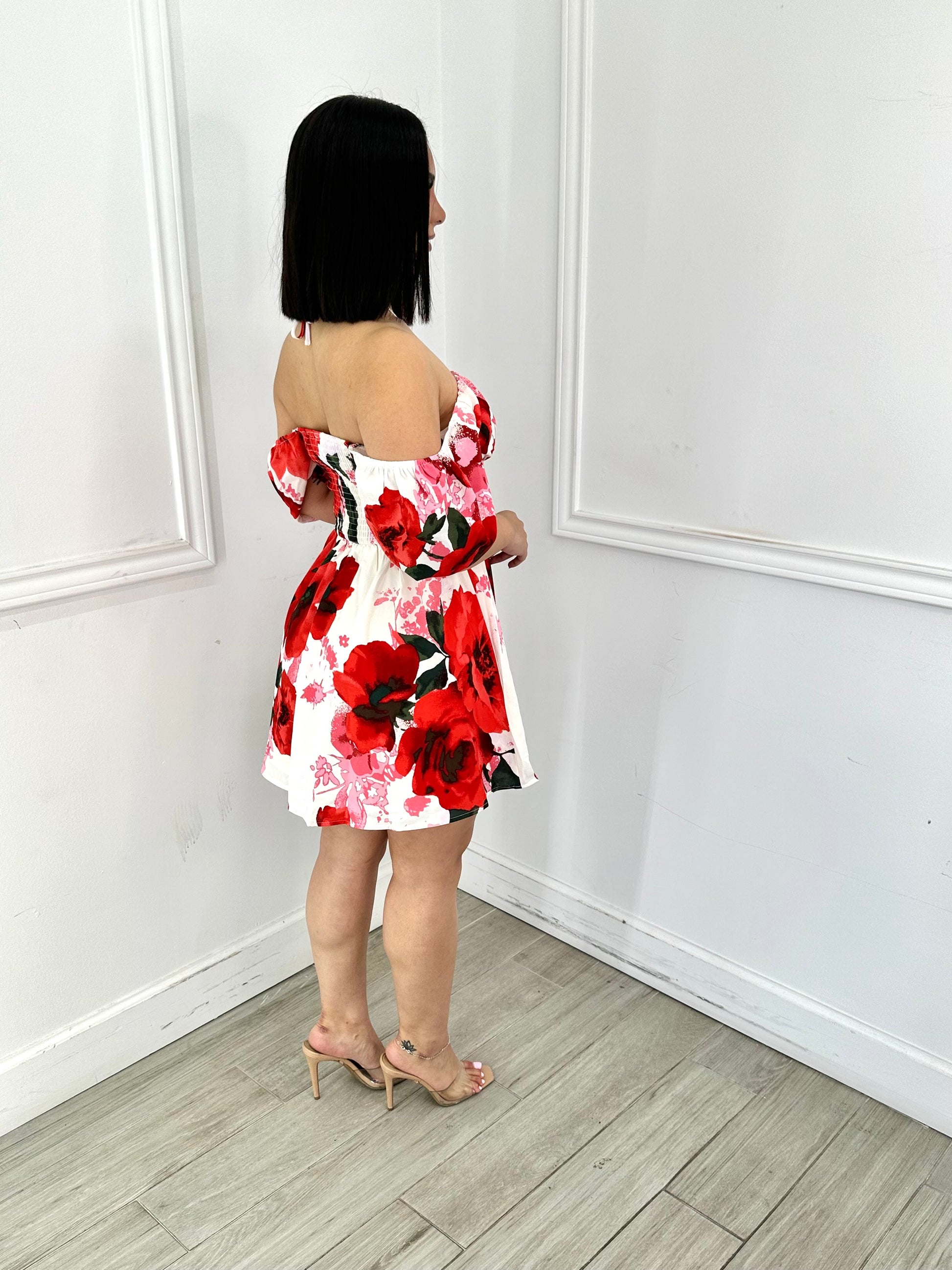 red and white floral print dress Camella Red Flowers White Dress