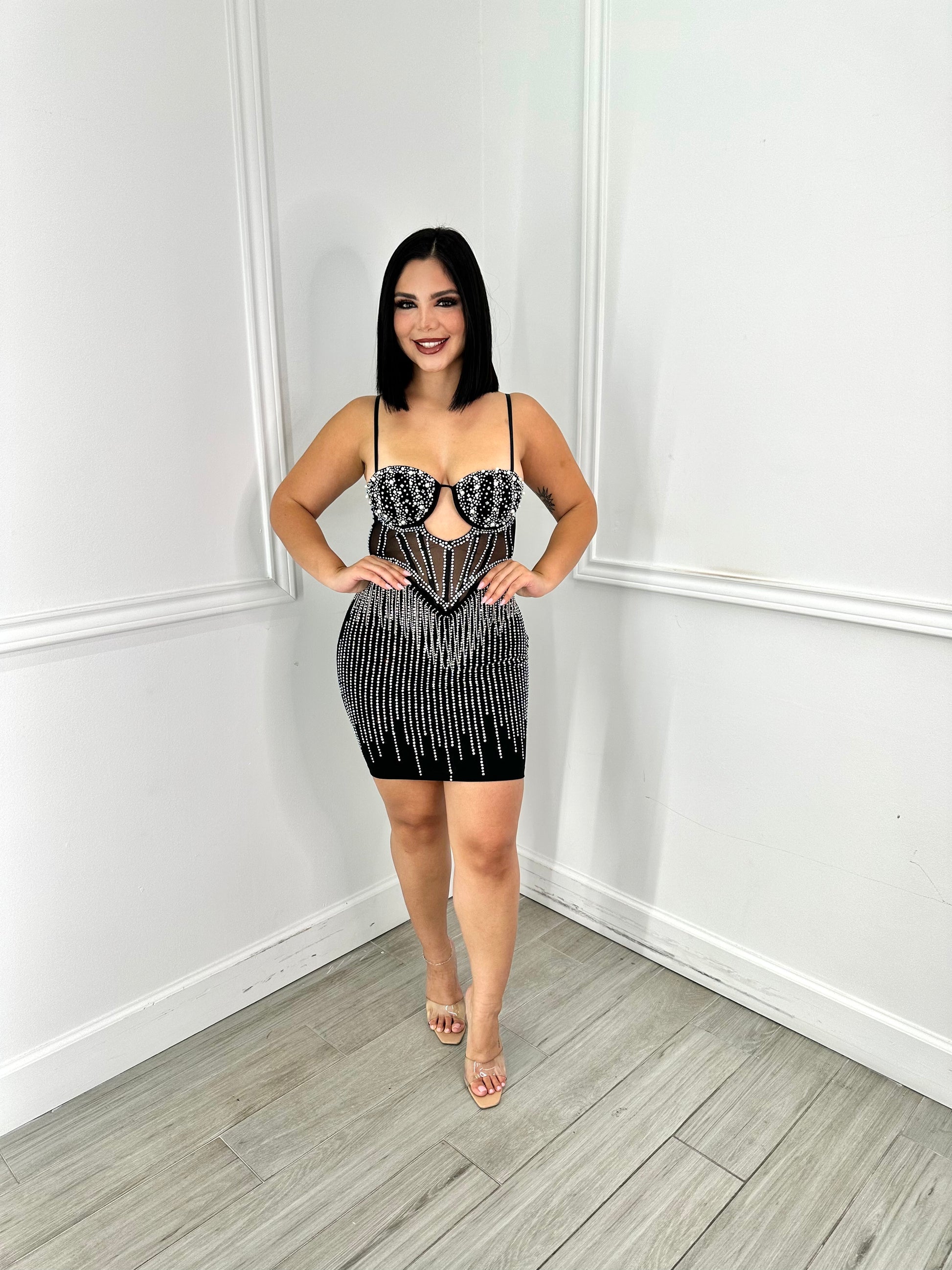 bedazzled black dress Luxe Allure Black Beaded Rhinestone Bustier Maxi Dress